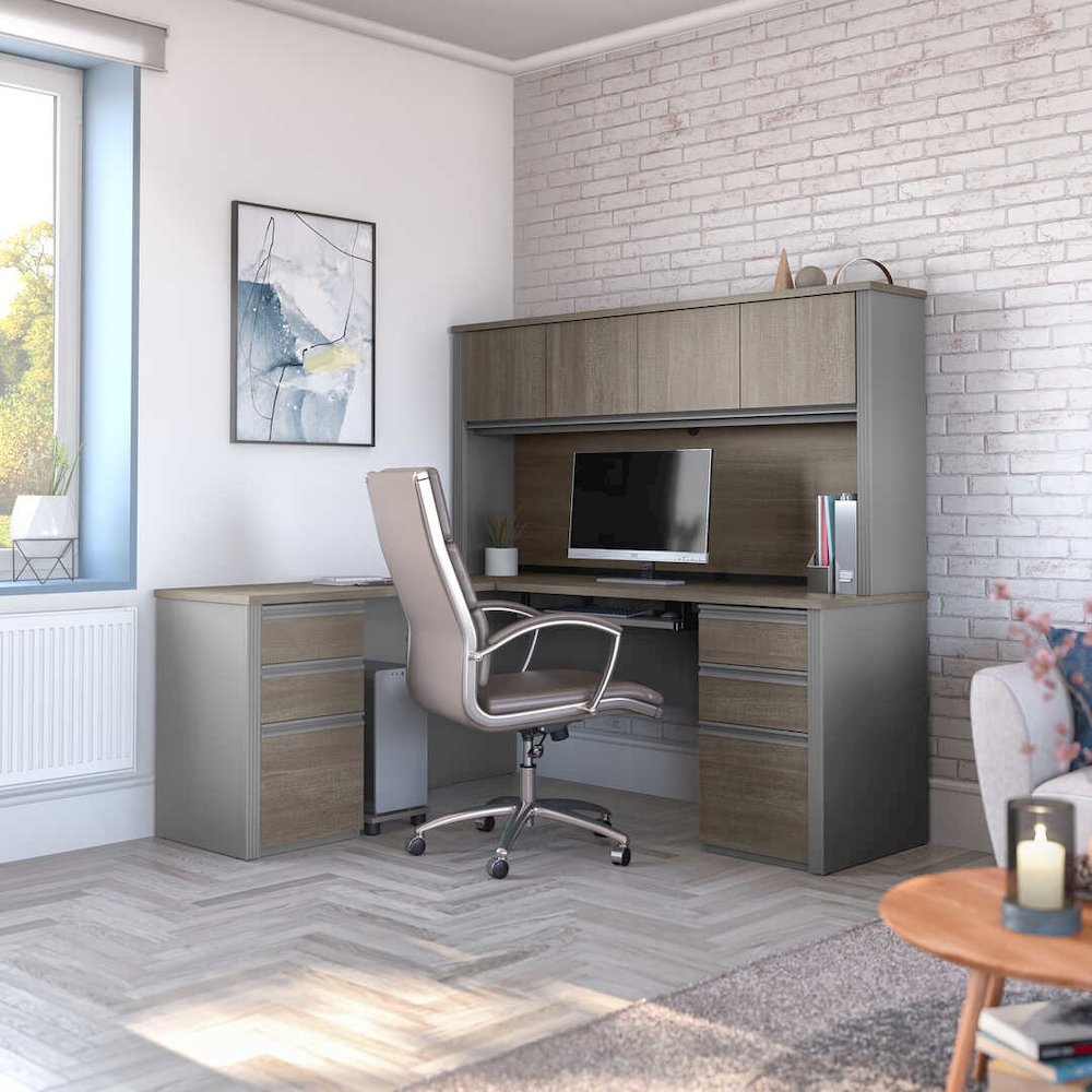Modern L-Shaped Office Desk with Two Pedestals and Hutch. Picture 10