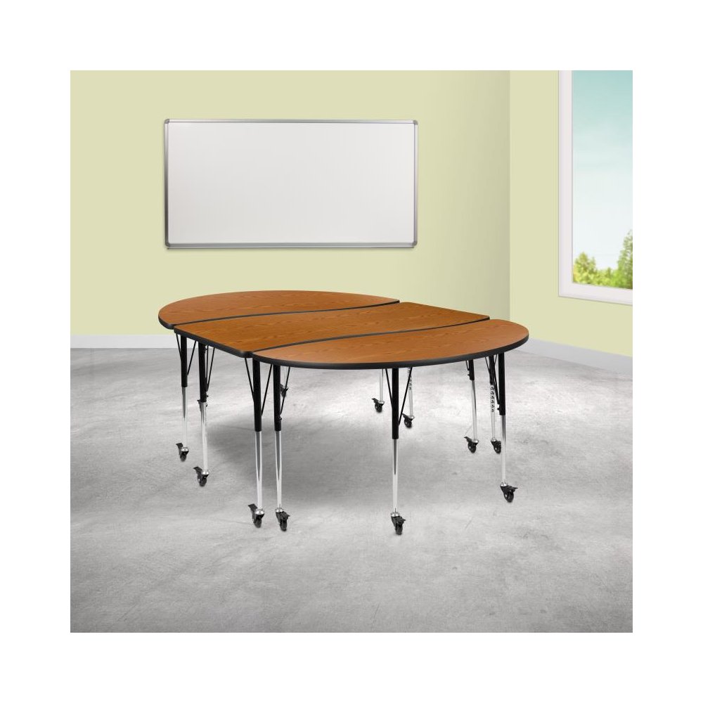 3 Piece Mobile 86" Oval Wave Flexible Oak Thermal Laminate Activity Table Set-Standard Height Adjustable Legs. Picture 2
