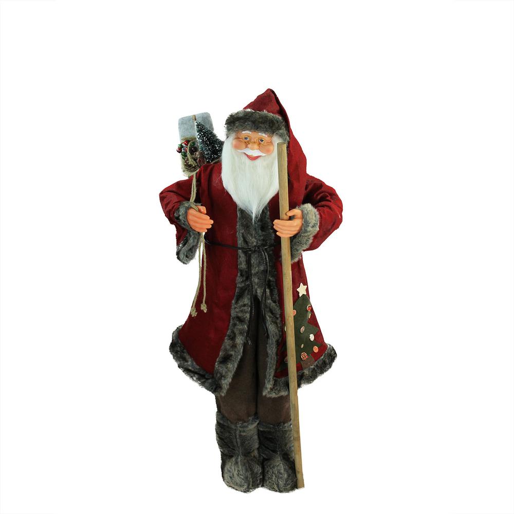 48" Red and Brown Standing Santa Claus Christmas Figurine with Walking Stick. Picture 1