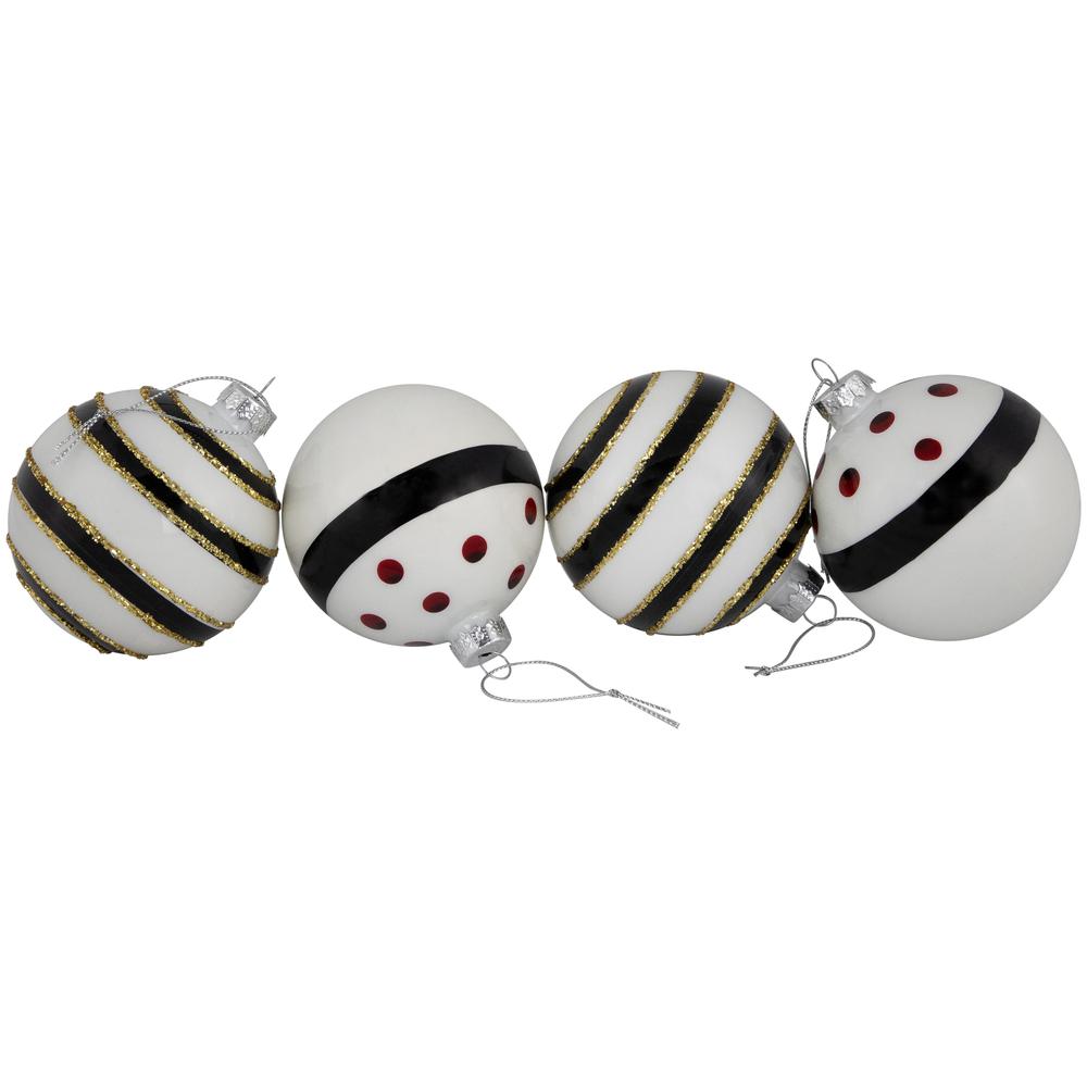 Set of 4 Shiny White and Black Striped Christmas Glass Ball Ornaments 3" (80mm). Picture 6