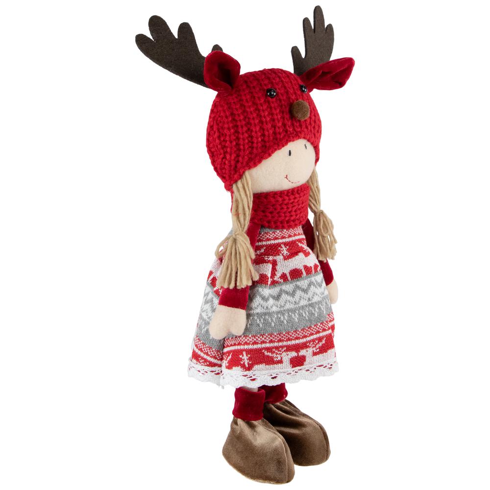 17" Red and White Nordic Girl with Moose Antler Hat Christmas Decoration. Picture 6