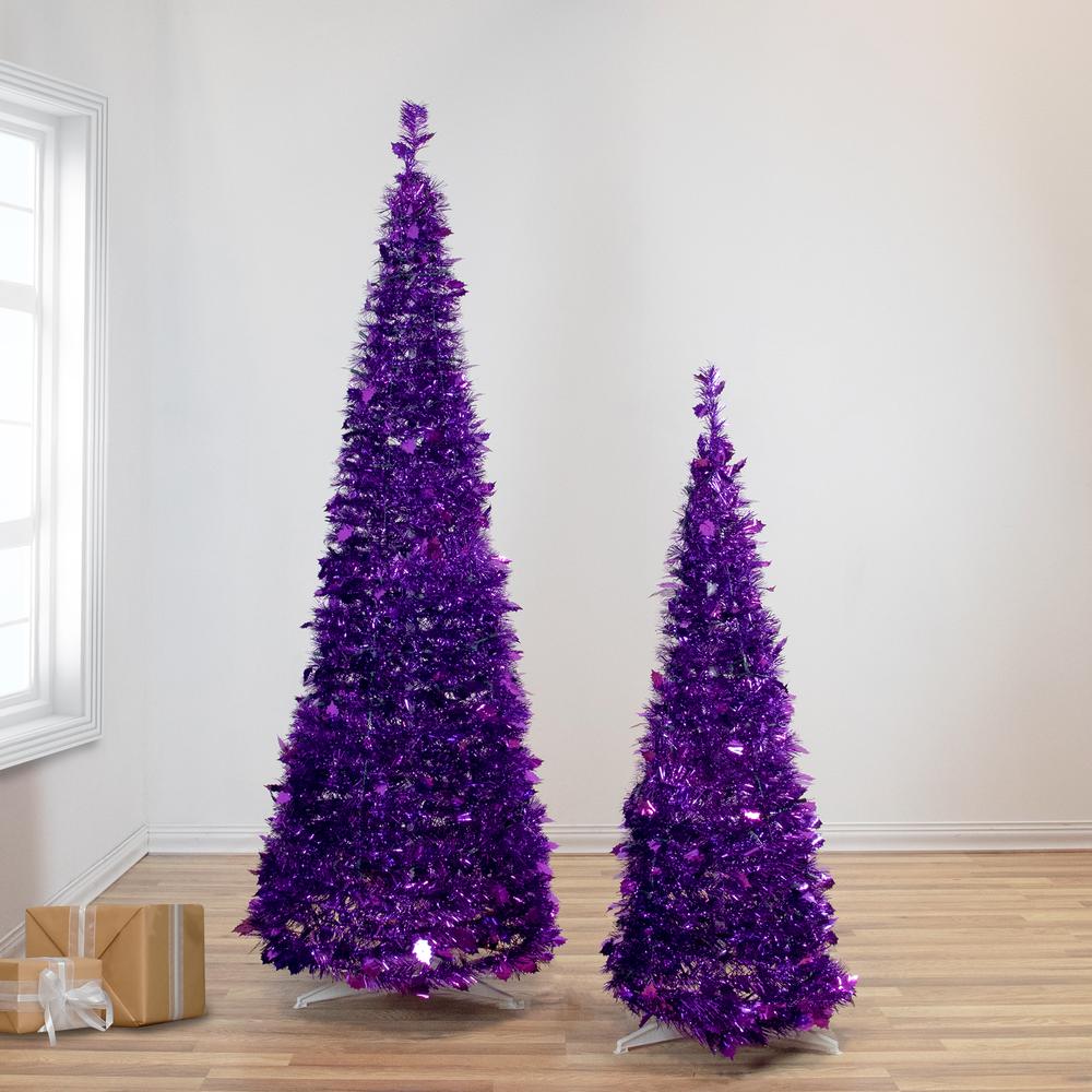 4' Purple Tinsel Pop-Up Artificial Christmas Tree  Unlit. Picture 2