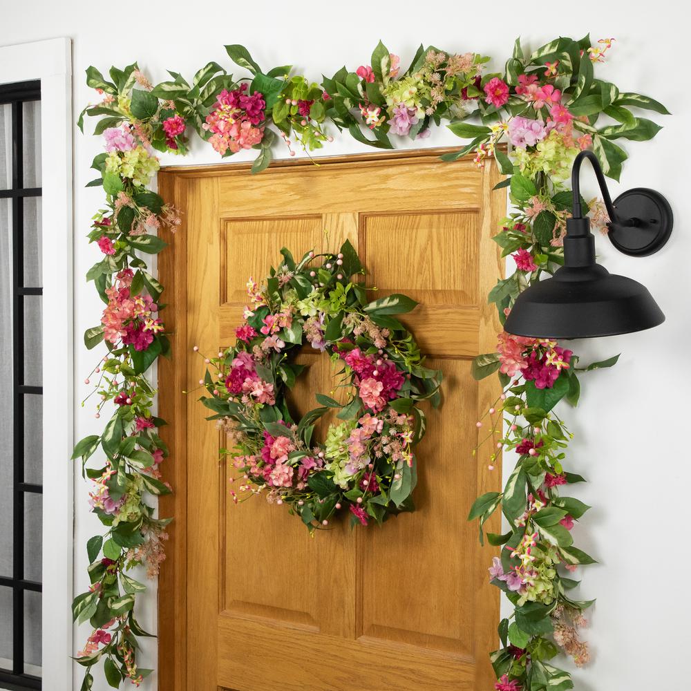 Leafy Hydrangea Artificial Floral Spring Garland - 5'  - Pink. Picture 5
