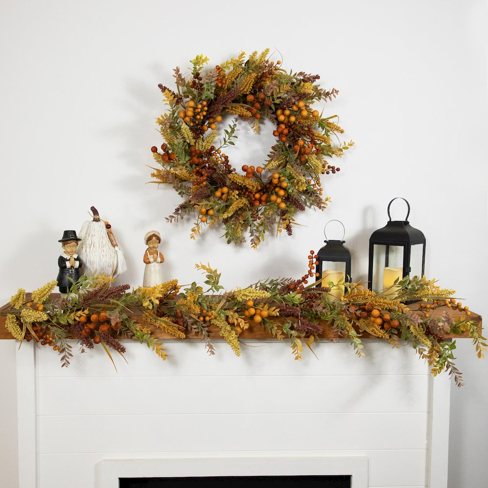 Mixed Foliage and Berries Artificial Fall Harvest Wreath - 24" - Unlit. Picture 2