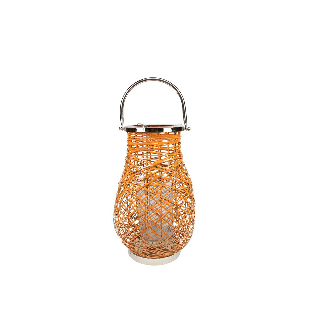 13.5" Modern Orange Decorative Woven Iron Pillar Candle Lantern with Glass Hurricane. Picture 1