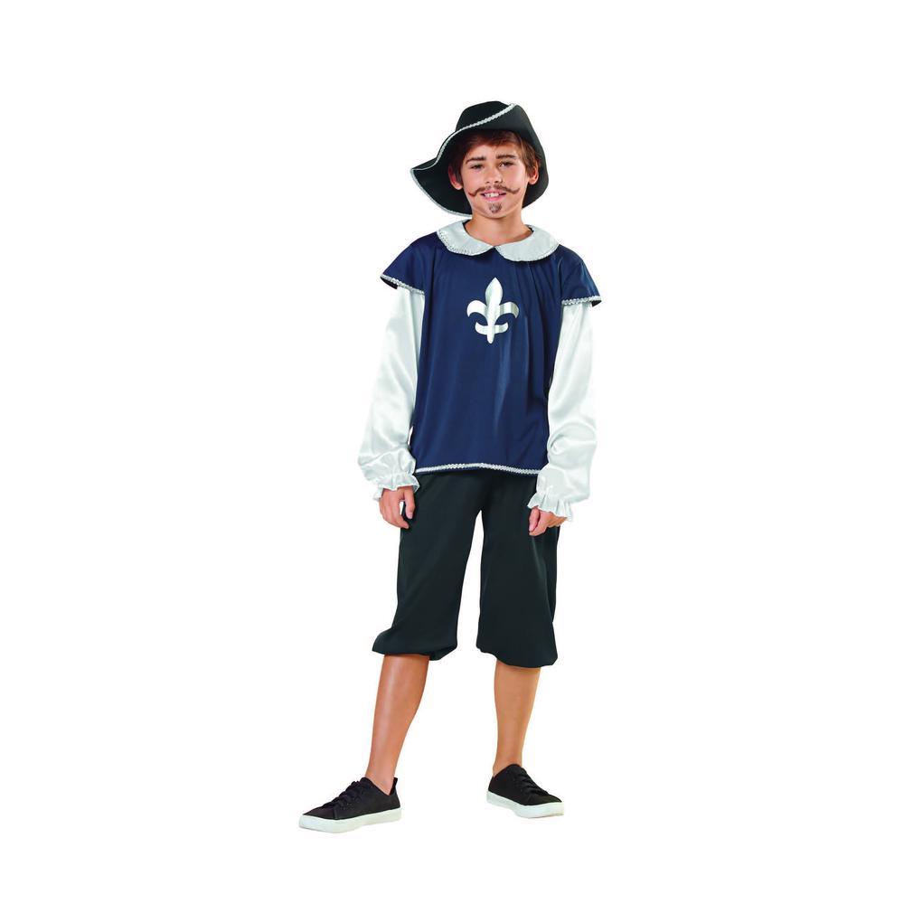 Blue and White Boys Musketeer Halloween Children's Costume - Ages 7-9 Years. Picture 1