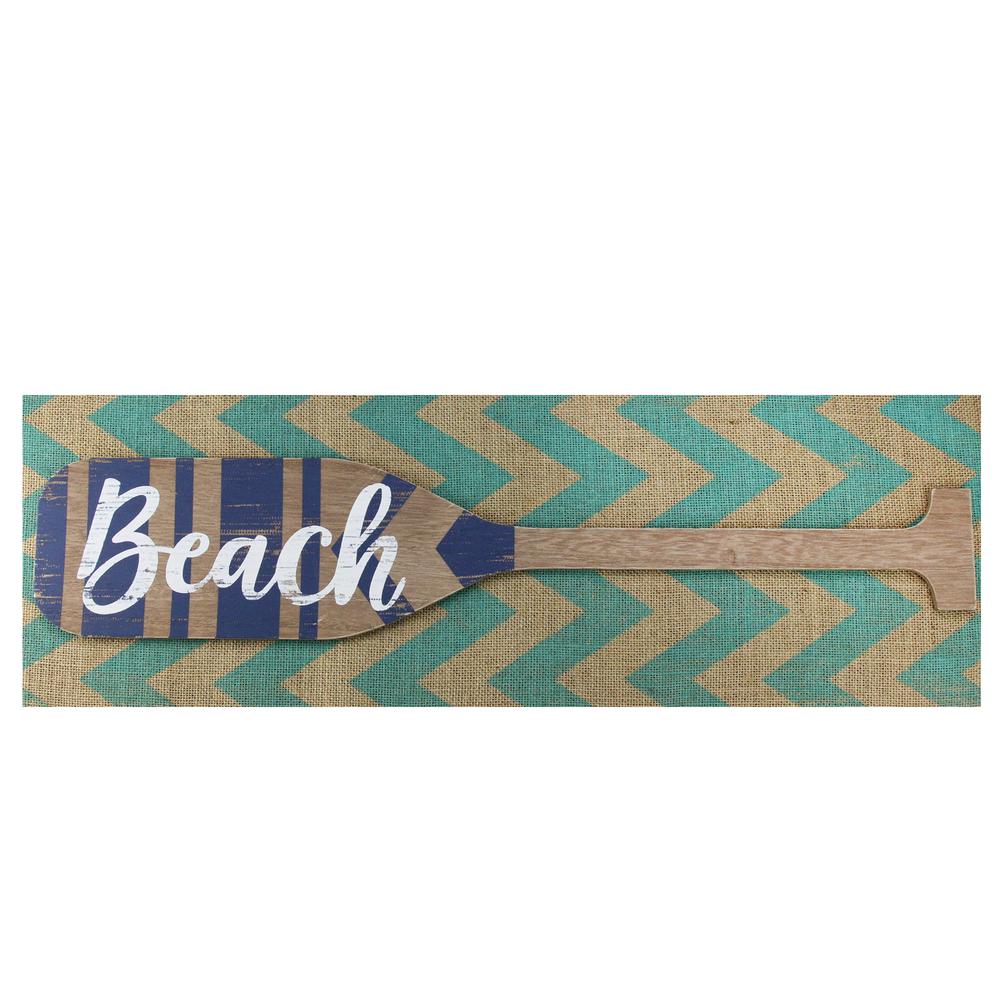 Aqua Blue Chevron Burlap with â€œBeach" Wood Look Oar Linen Wall Art 24". Picture 1