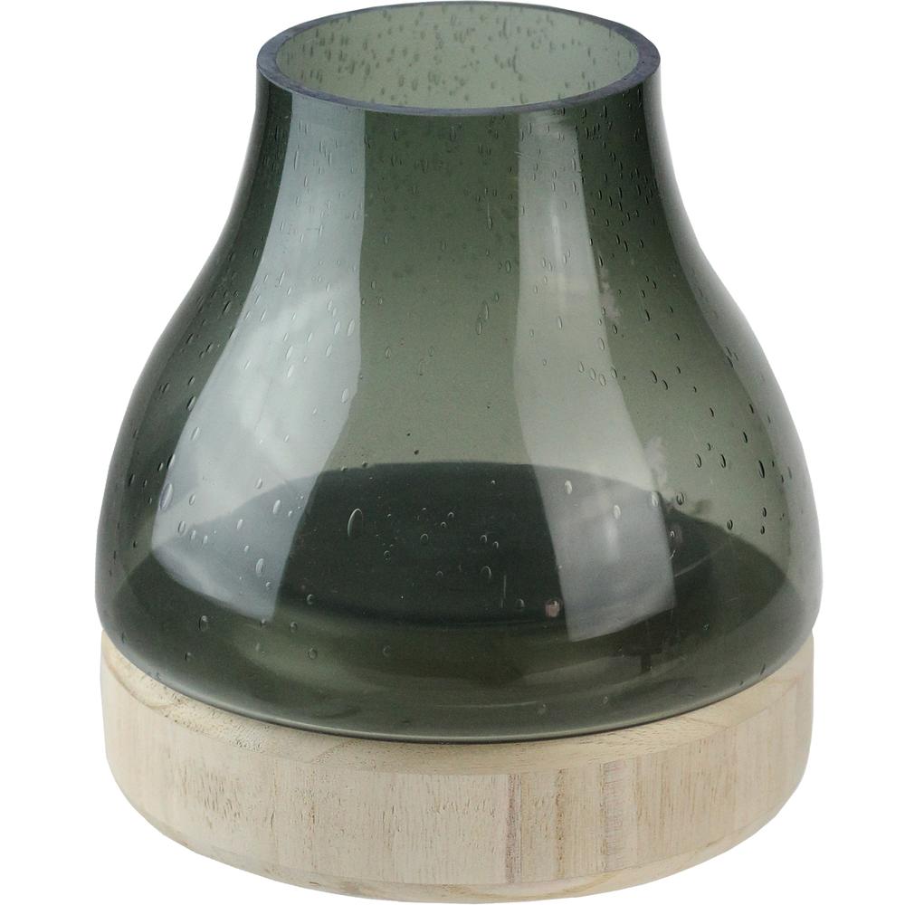 7.75" Storm Gray Bubble Glass Pillar Candle Holder with Wooden Base. Picture 1