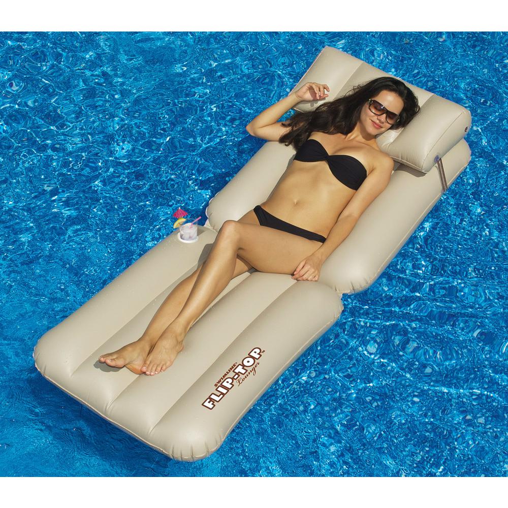 88" Inflatable Beige Adjustable Flip-Top Swimming Pool Lounger Raft. Picture 6