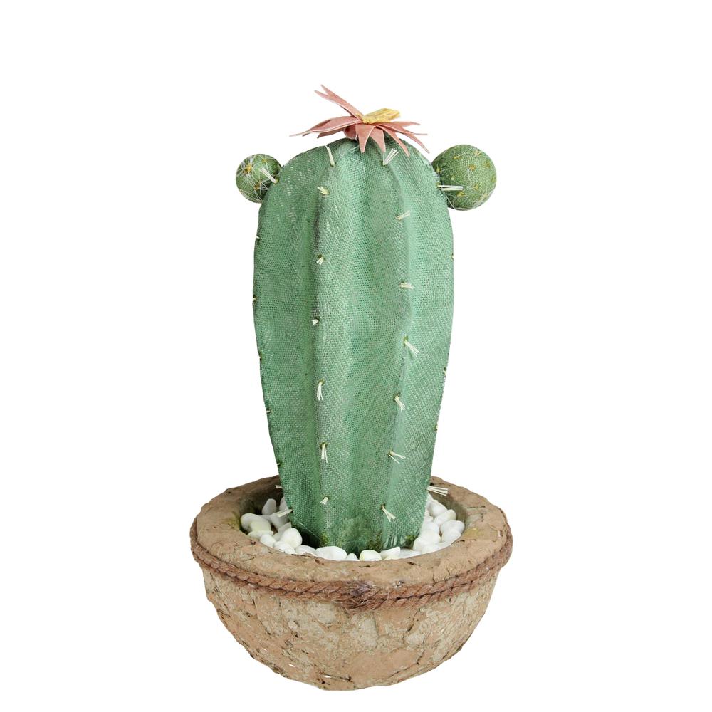 13.75" Potted Green and Brown Artificial Cactus Plant with Flowers. Picture 1