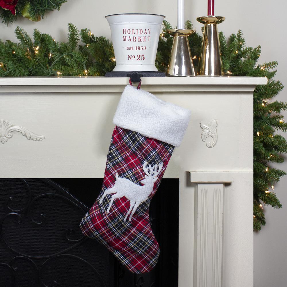 20" Black and Red Tartan Reindeer Christmas Stocking with Cuff. Picture 2