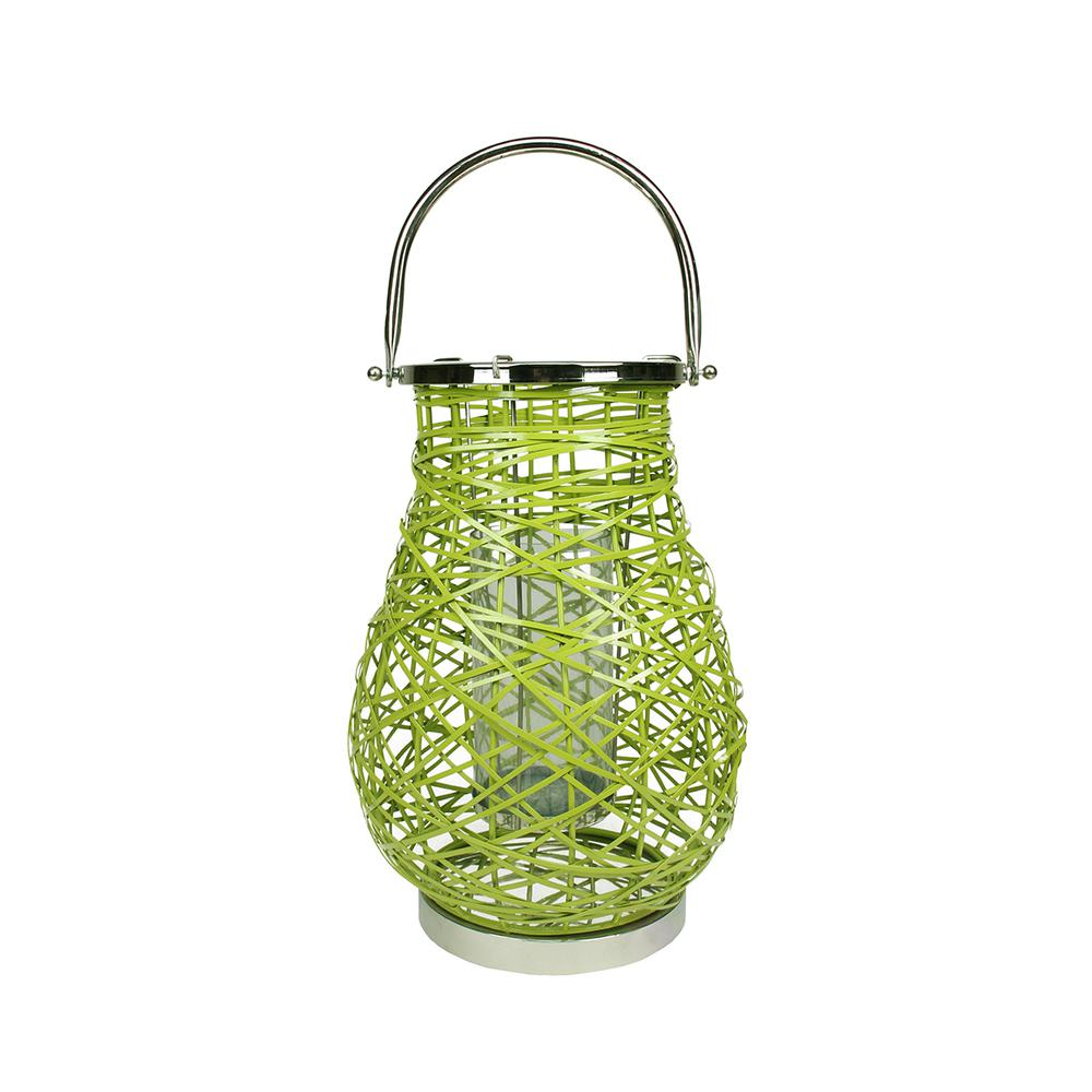 18.5" Modern Green Decorative Woven Iron Pillar Candle Lantern with Glass Hurricane. Picture 1