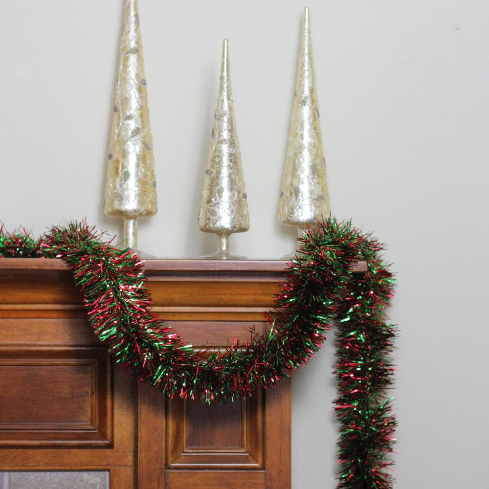 50' Shiny Green and Red Christmas Tinsel Garland - Unlit. Picture 3