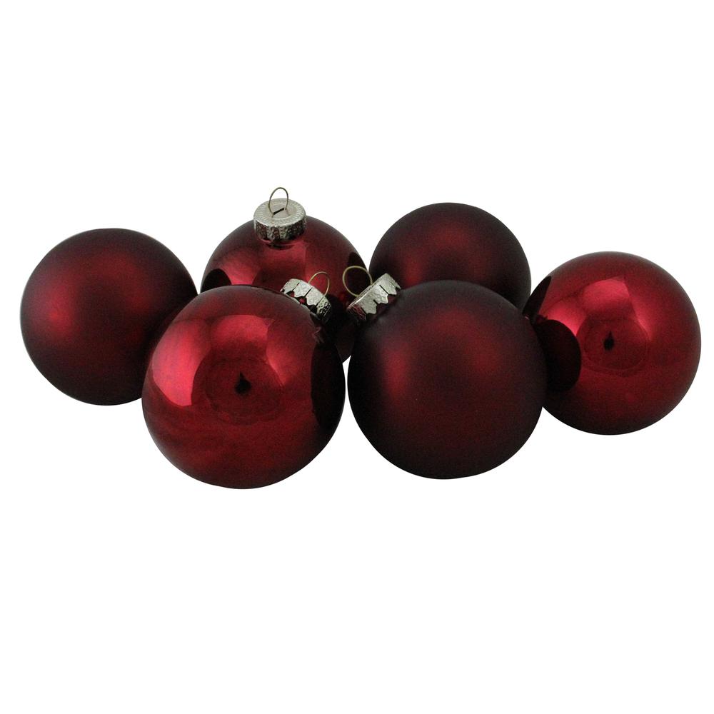 6ct Burgundy Red 2-Finish Glass Ball Christmas Ornaments 3.25" (80mm). Picture 1