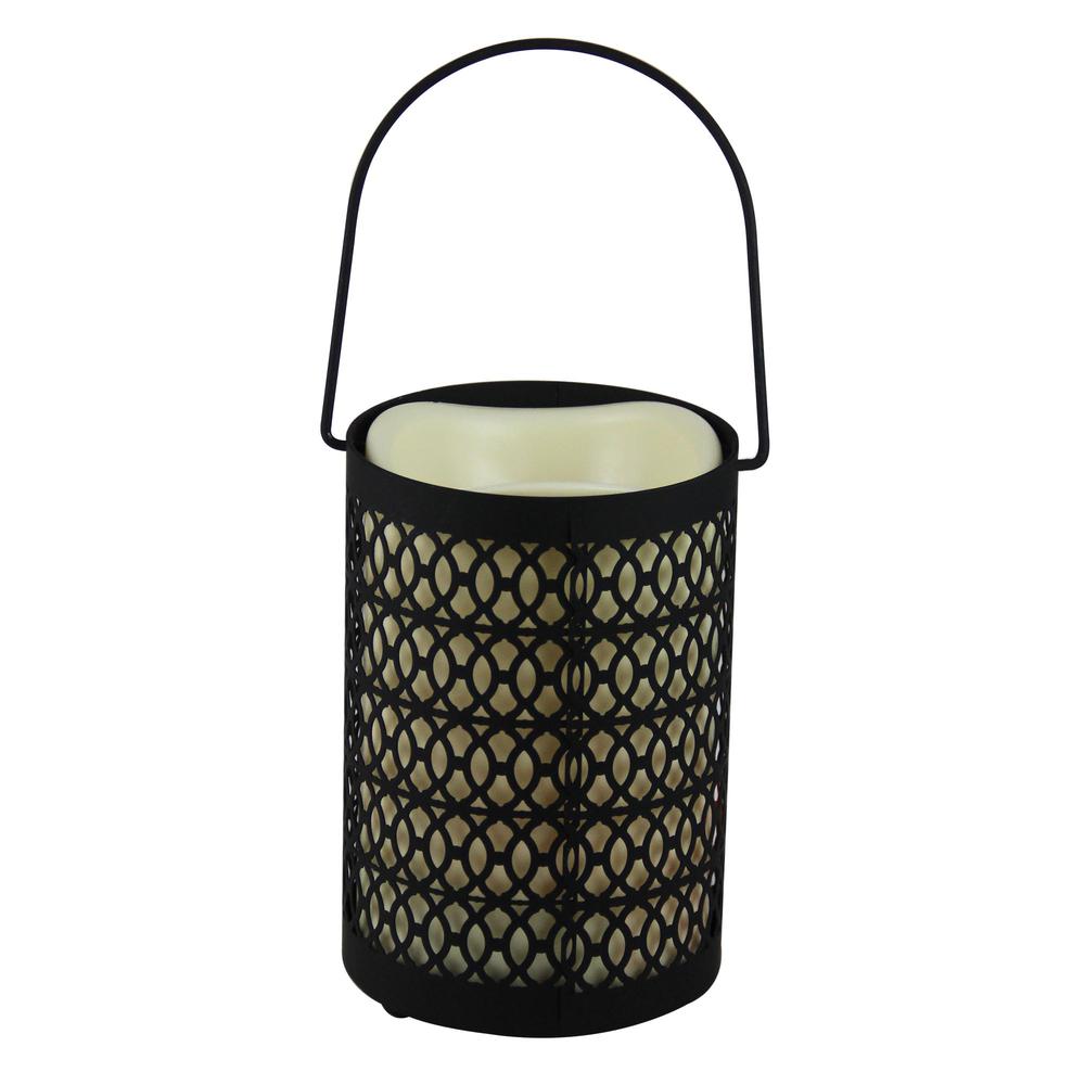 12" Black Opulent Battery Operated Indoor LED Candle Lantern with Timer. Picture 1