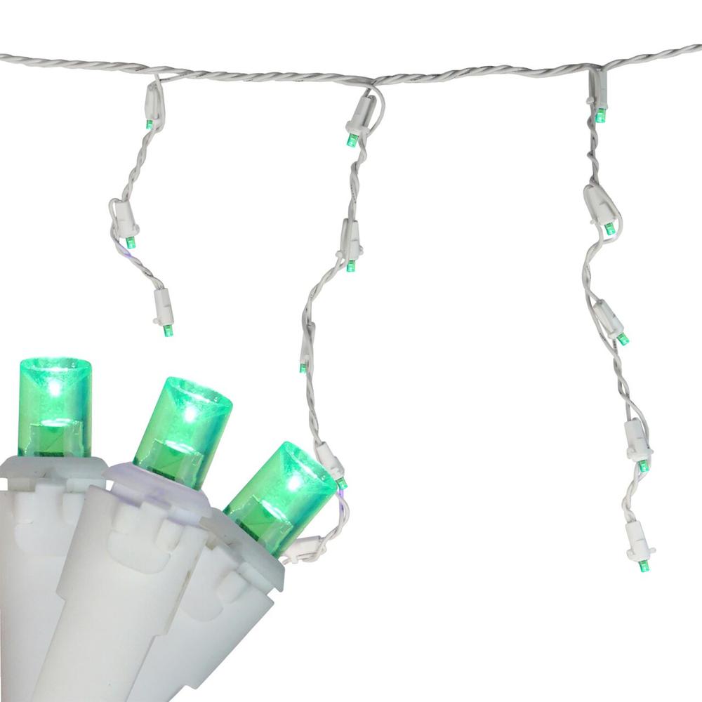 100 Count Green LED Wide Angle Icicle Christmas Lights  5.5ft White Wire. Picture 1