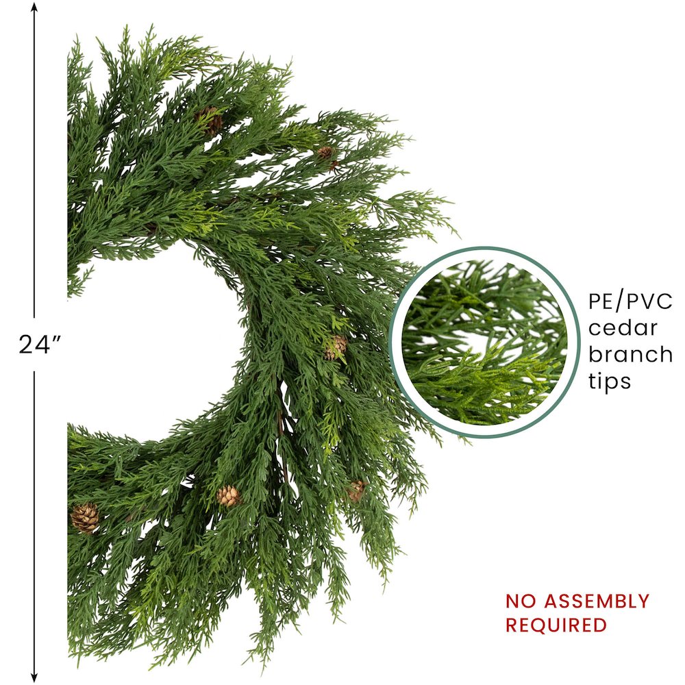 24" Soft Green Cedar Artificial Christmas Wreath with Pine Cones - Unlit. Picture 7