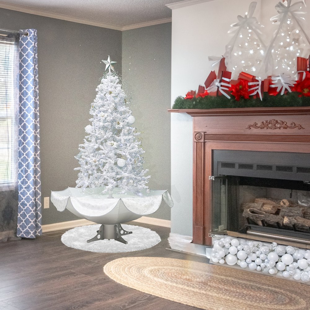 Musical Snowing Artificial White Tinsel Christmas Tree - 6' - White LED Lights. Picture 3