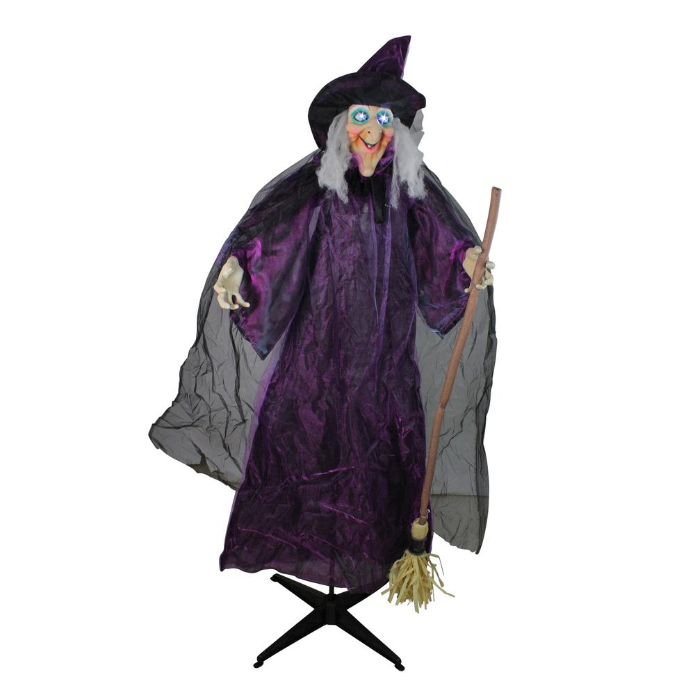 66" Animated Standing Witch and Broomstick Halloween Decoration. Picture 1