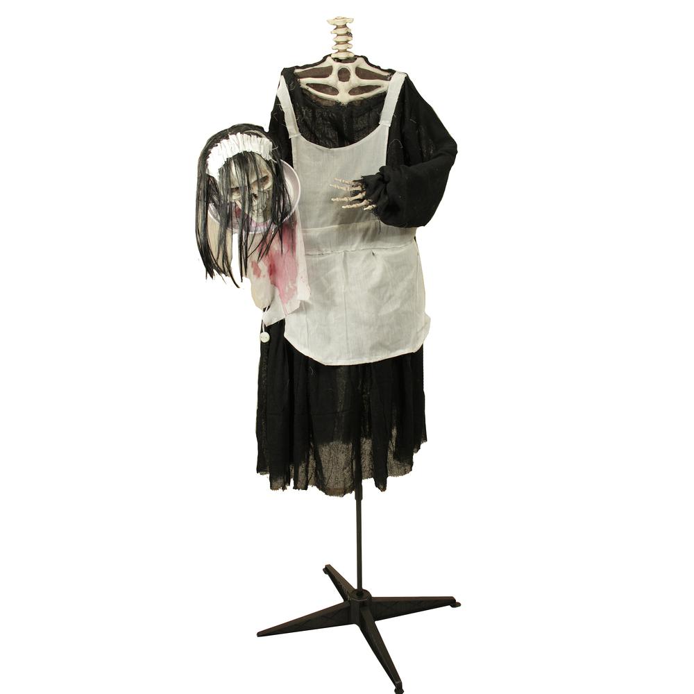 57" Animated LED Lighted Head-in-Hand Skeleton Maid Halloween Decoration. Picture 1