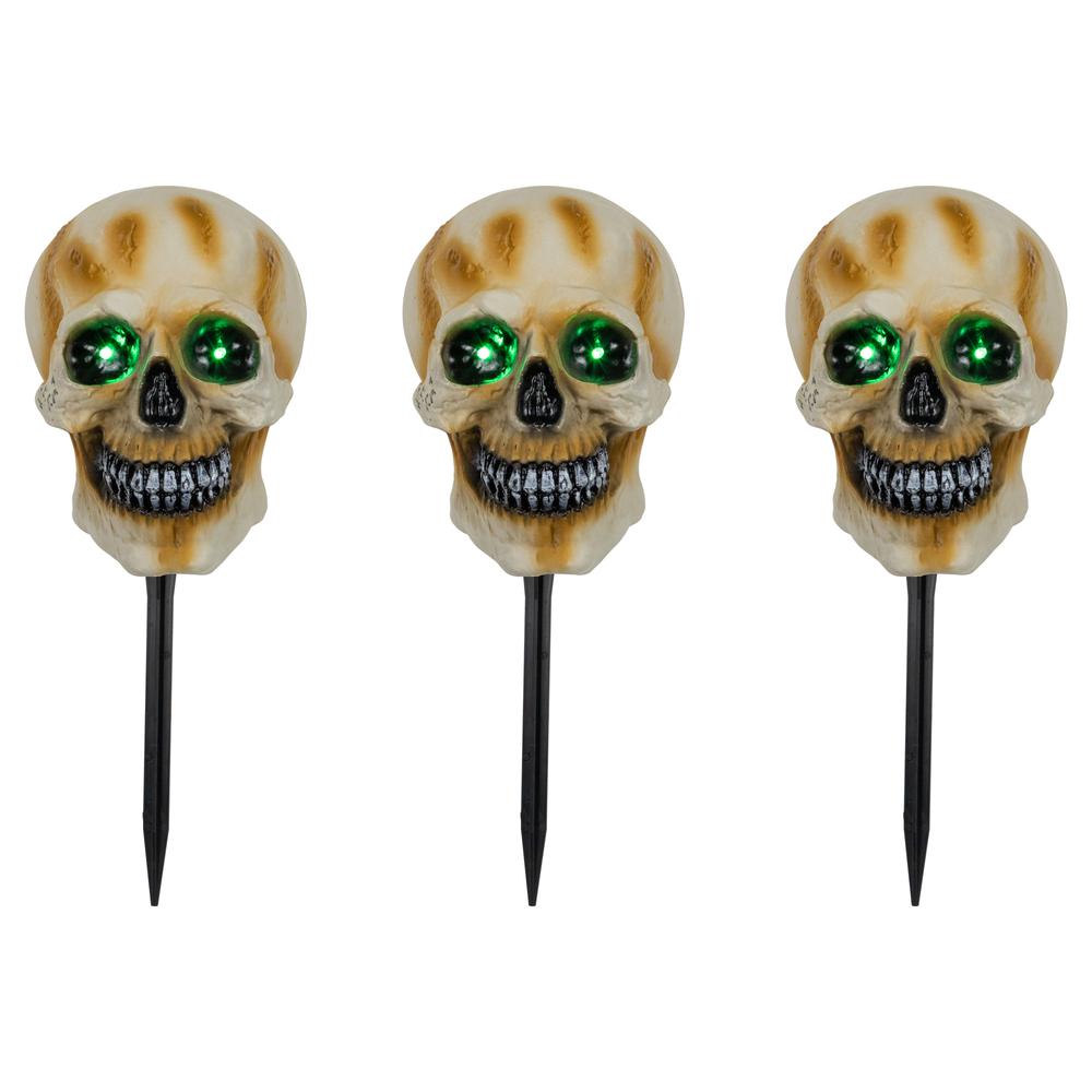 Set of 3 Lighted Skeleton Head Halloween Pathway Markers with Sound. Picture 1