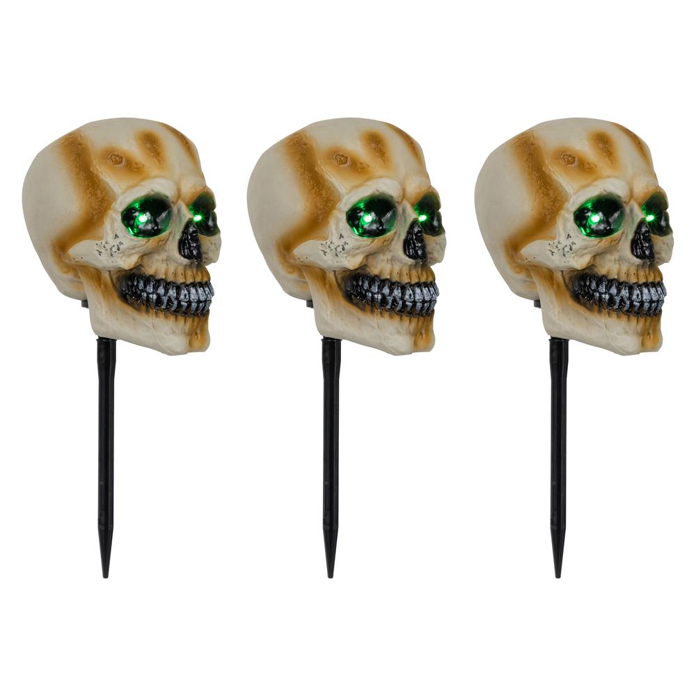 Set of 3 Lighted Skeleton Head Halloween Pathway Markers with Sound. Picture 2