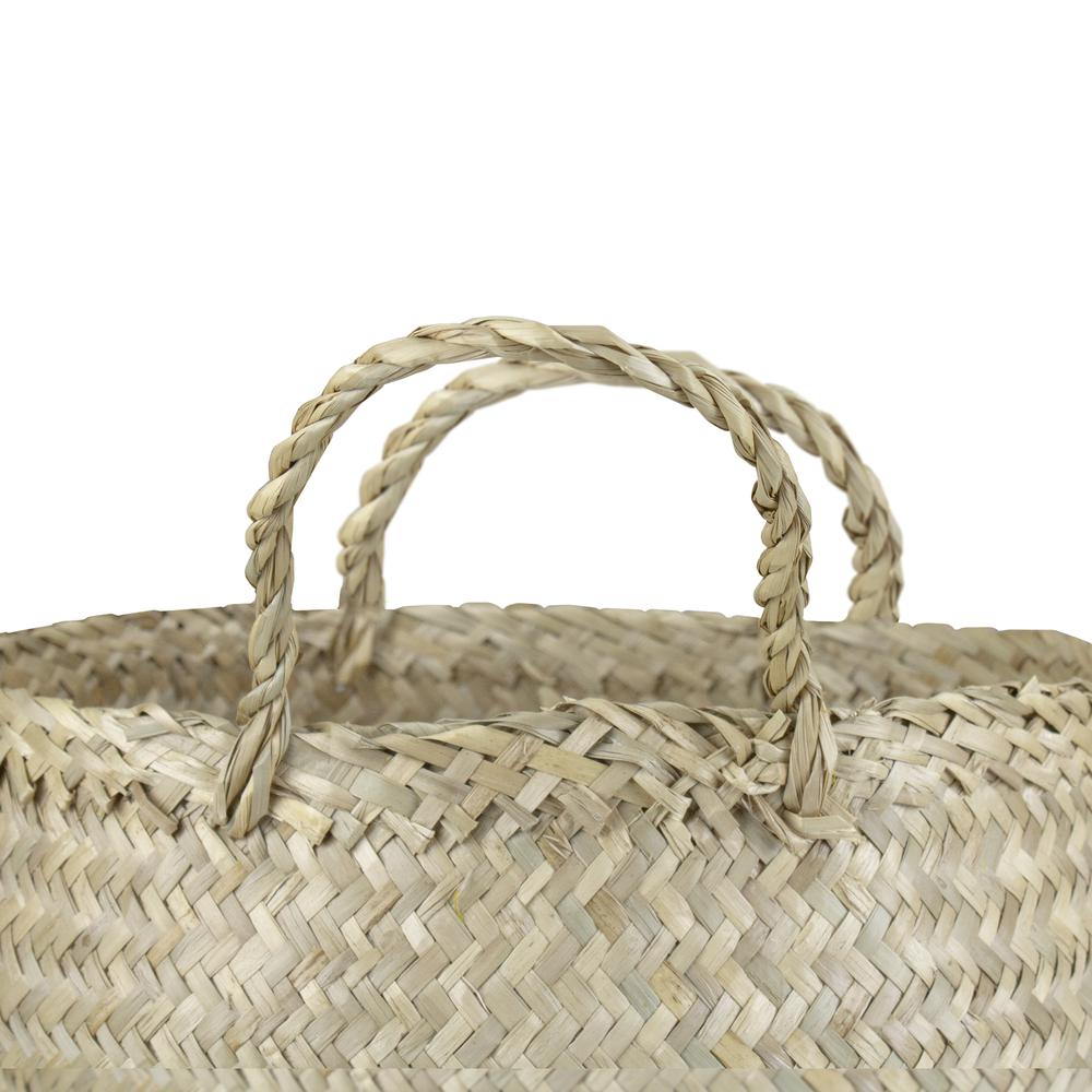 15.5" Beige and Yellow Large Belly Basket with Handles. Picture 4