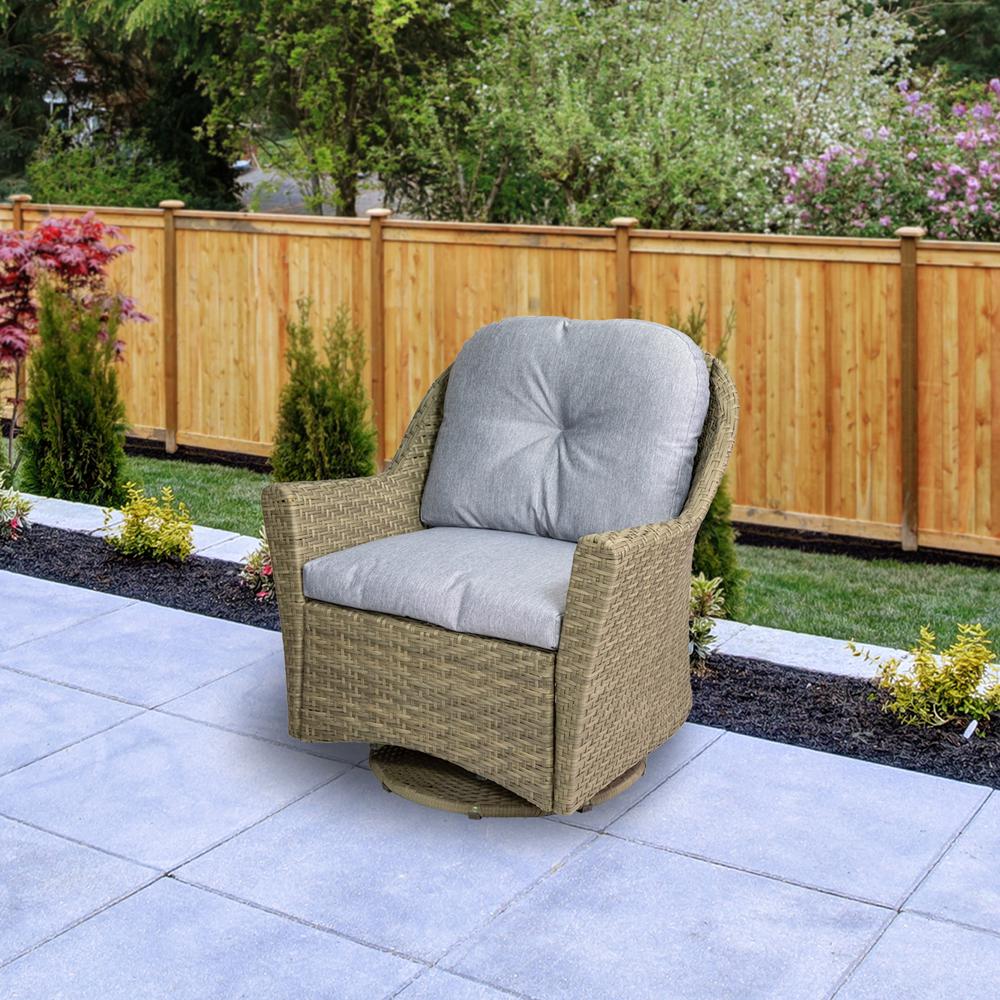 34" Gray Resin Wicker Deep Seated Glider Chair with Gray Cushions. Picture 2