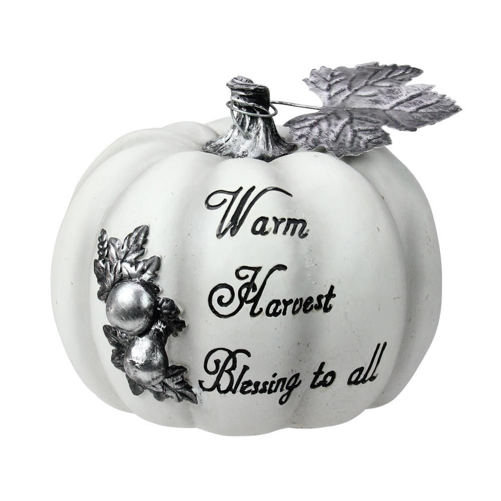 8" White and Black Warm Harvest Blessing Thanksgiving Table Top Pumpkin. Picture 1