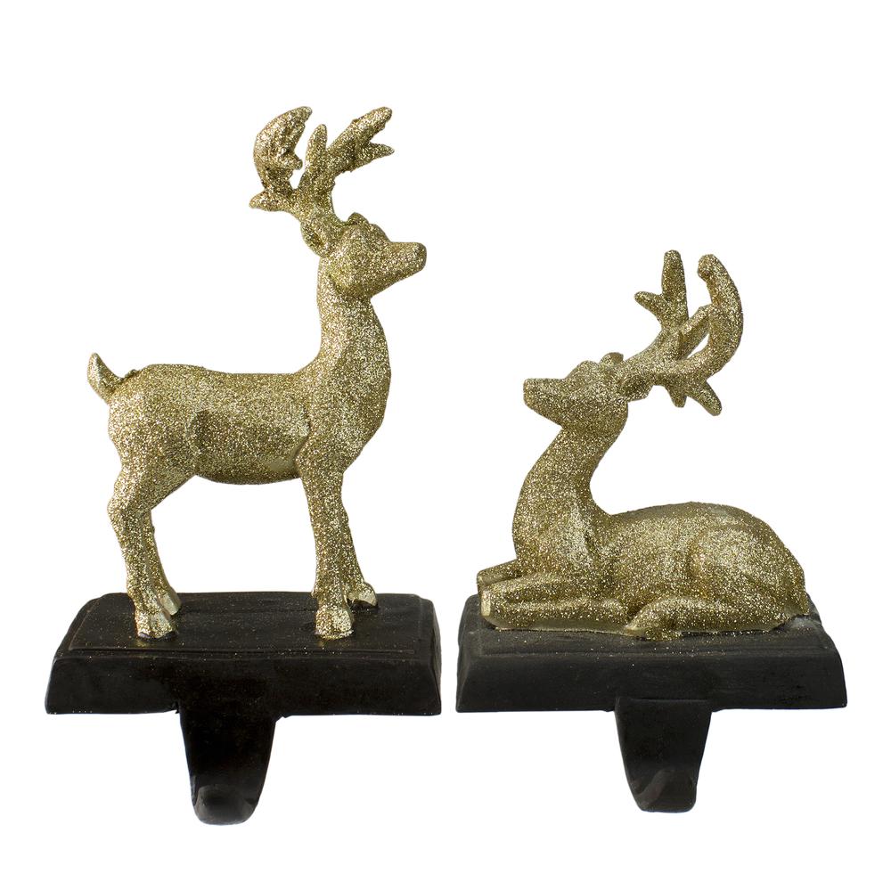 Set of 2 Gold Reindeer Glittered Christmas Stocking Holders 8.5". Picture 1