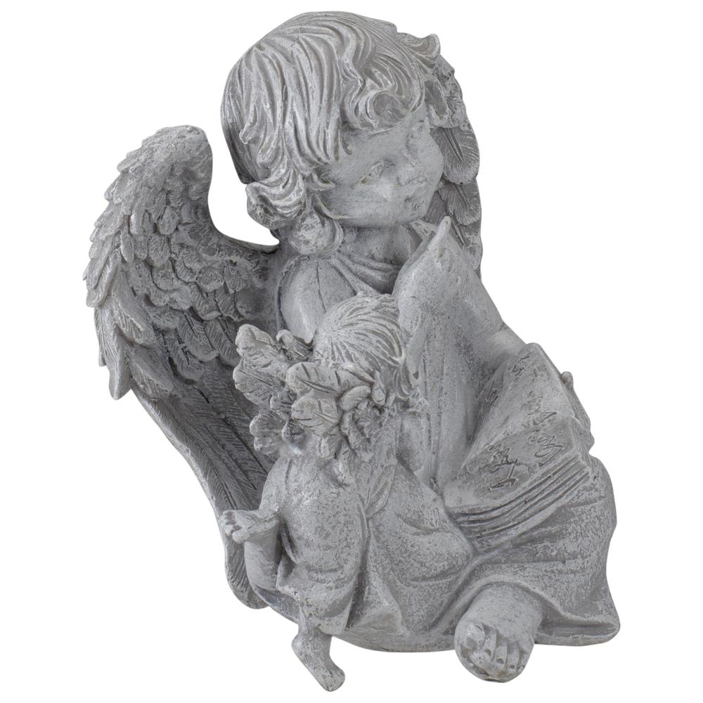 8.25" Gray Sitting Cherub Angels with Book Outdoor Patio Garden Statue. Picture 3