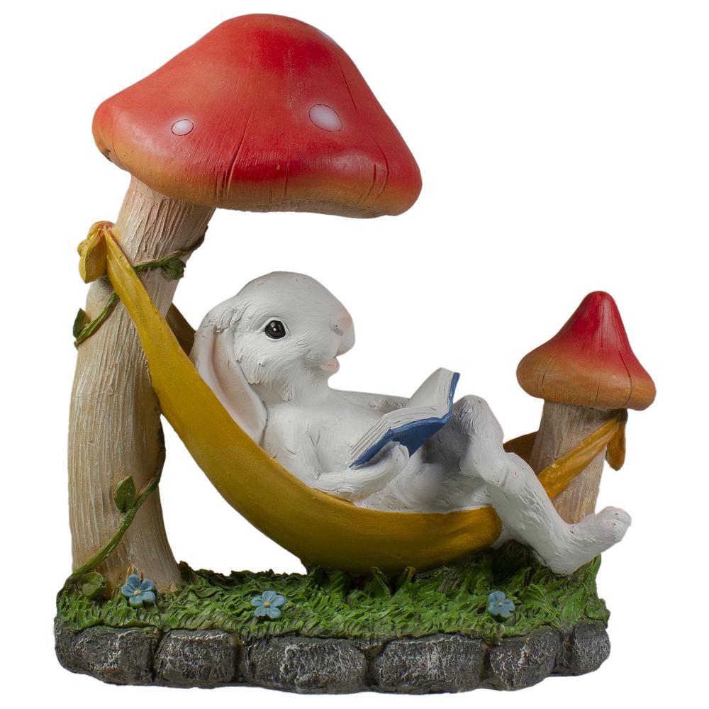 11.5" Mushrooms and Rabbit in Hammock Outside Garden Statue. Picture 1