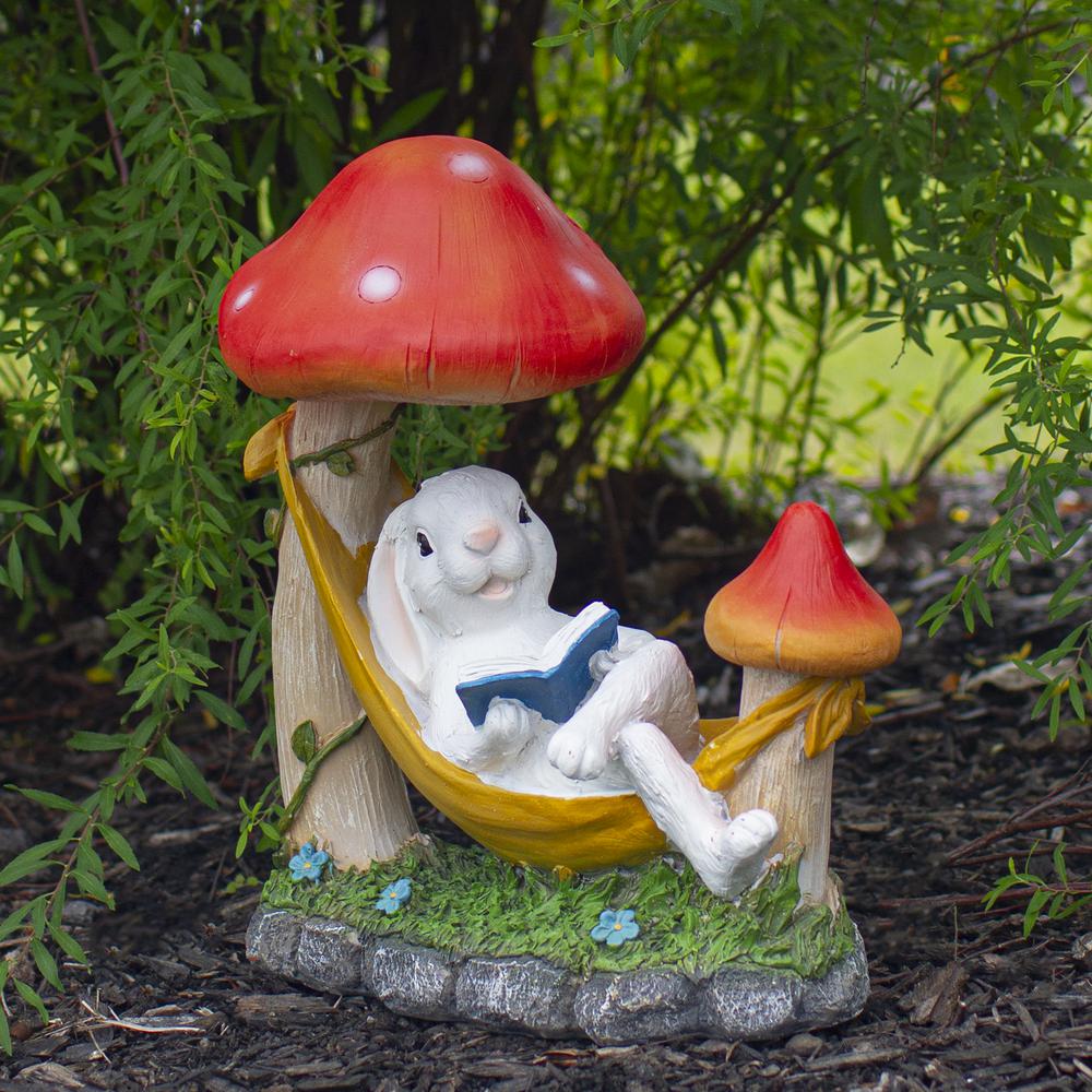 11.5" Mushrooms and Rabbit in Hammock Outside Garden Statue. Picture 2