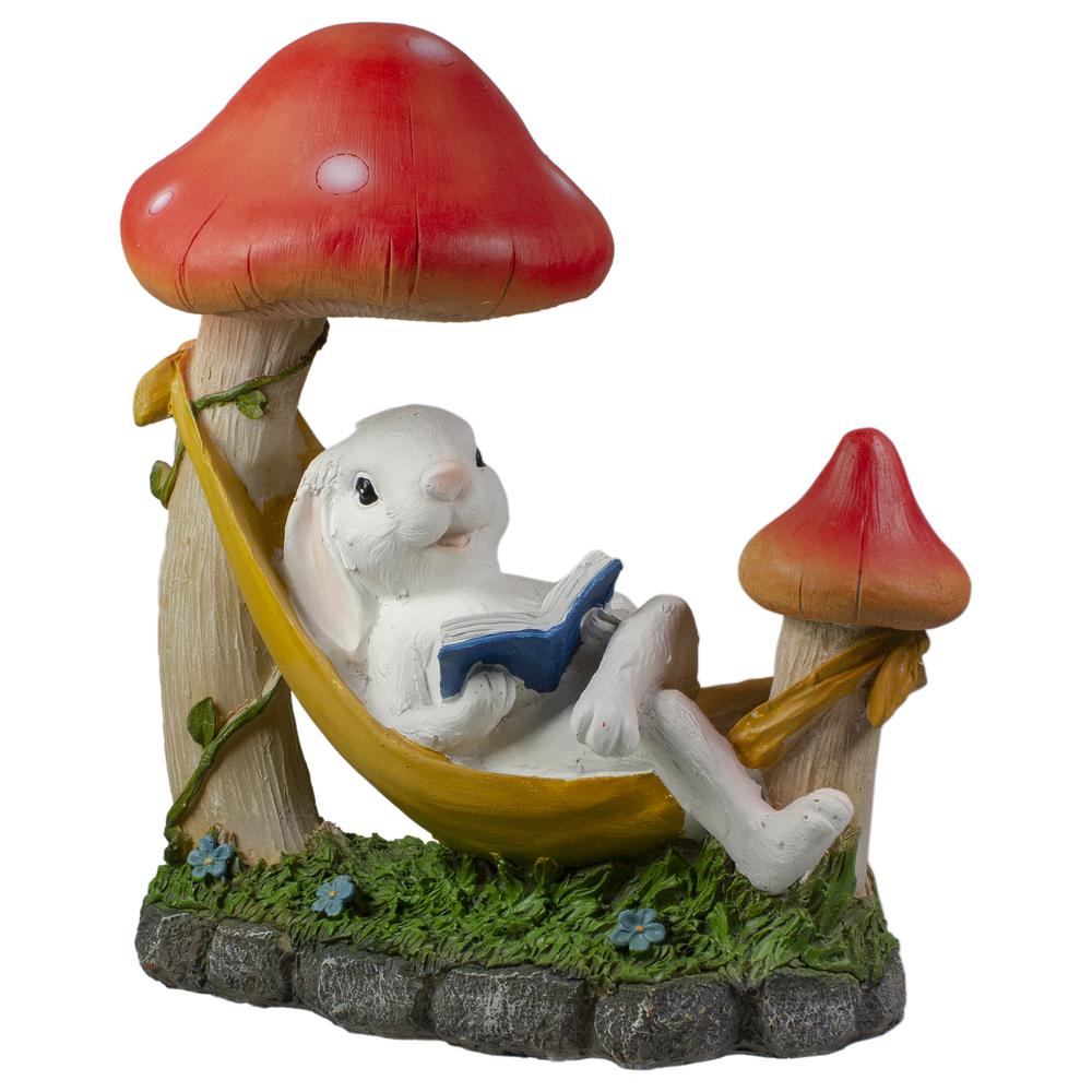 11.5" Mushrooms and Rabbit in Hammock Outside Garden Statue. Picture 3