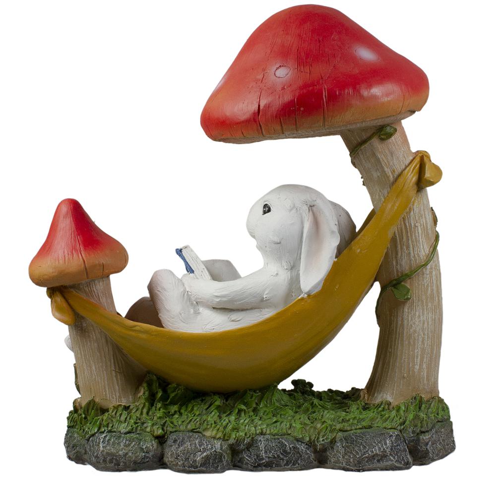 11.5" Mushrooms and Rabbit in Hammock Outside Garden Statue. Picture 4