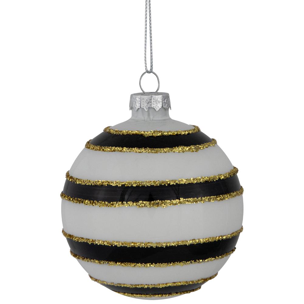 Set of 4 Shiny White and Black Striped Christmas Glass Ball Ornaments 3" (80mm). Picture 4