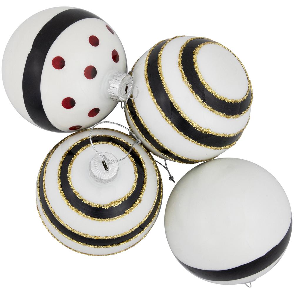 Set of 4 Shiny White and Black Striped Christmas Glass Ball Ornaments 3" (80mm). Picture 7