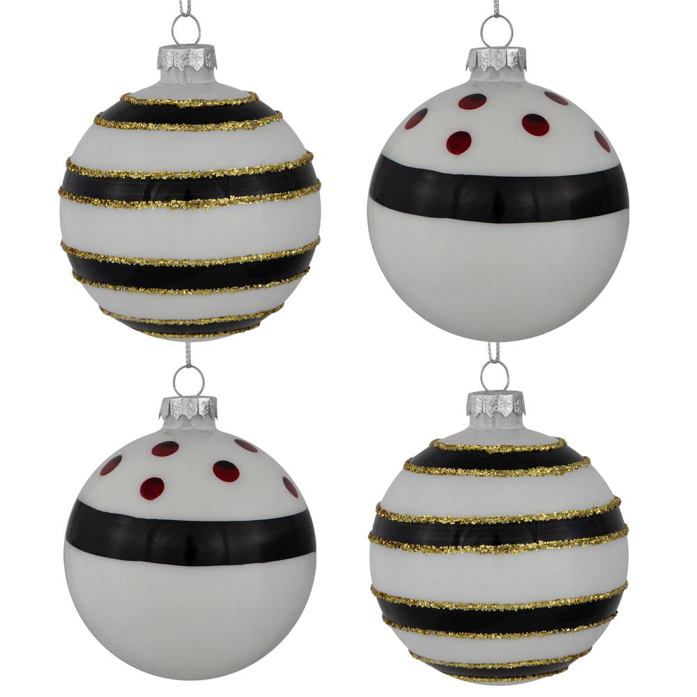 Set of 4 Shiny White and Black Striped Christmas Glass Ball Ornaments 3" (80mm). Picture 1