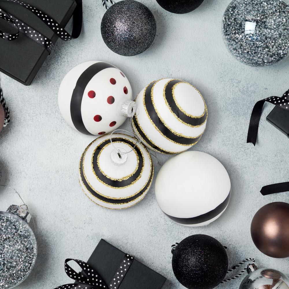 Set of 4 Shiny White and Black Striped Christmas Glass Ball Ornaments 3" (80mm). Picture 2