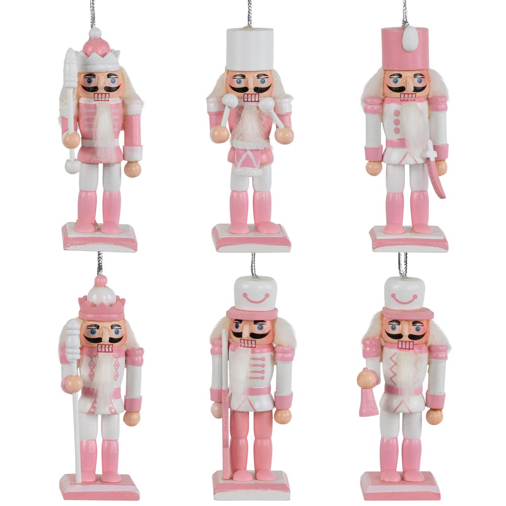 Nutcracker Soldier Christmas Ornaments - 3.25" - Pink and White - Set of 6. Picture 2