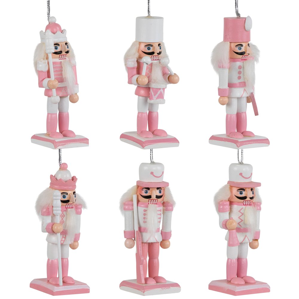 Nutcracker Soldier Christmas Ornaments - 3.25" - Pink and White - Set of 6. Picture 4