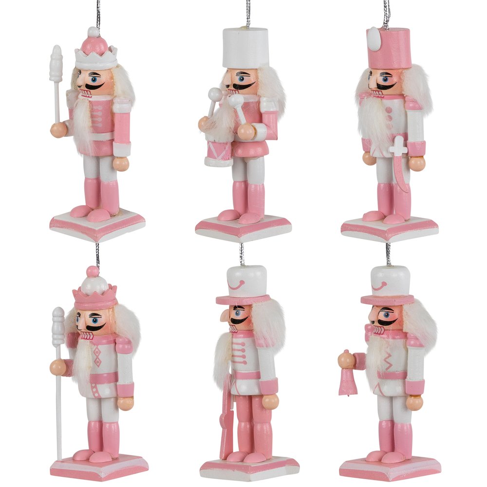 Nutcracker Soldier Christmas Ornaments - 3.25" - Pink and White - Set of 6. Picture 5
