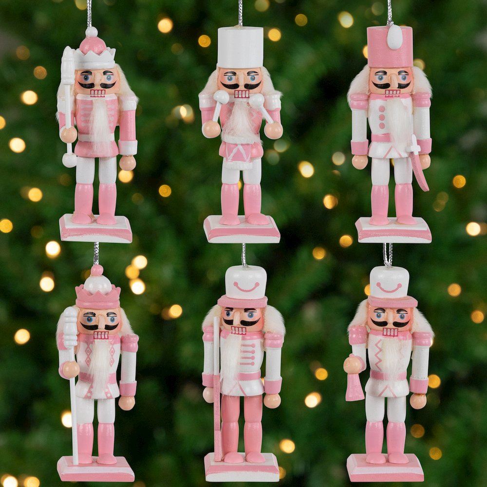 Nutcracker Soldier Christmas Ornaments - 3.25" - Pink and White - Set of 6. Picture 1