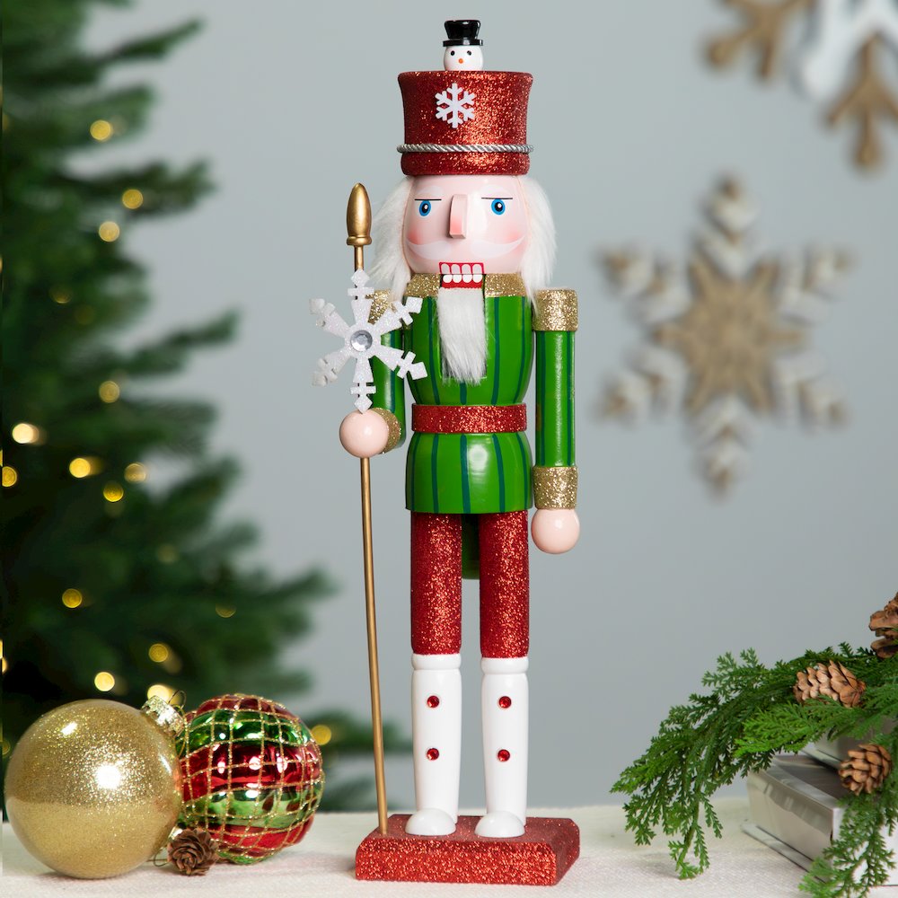 Glittered Nutcracker with Snowflake Scepter Christmas Figure - 15" - Red /Green. Picture 1
