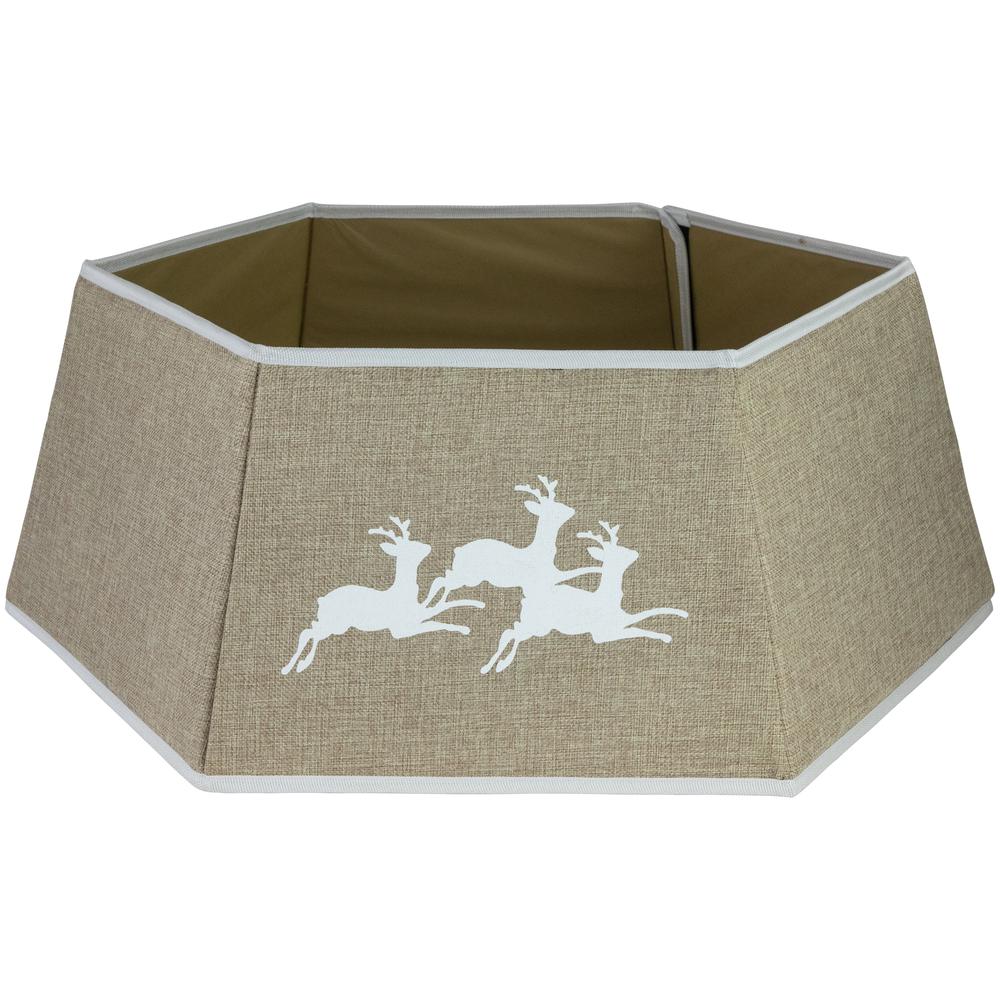 26" Beige Burlap with Reindeer Hexagonal Christmas Tree Collar. Picture 1