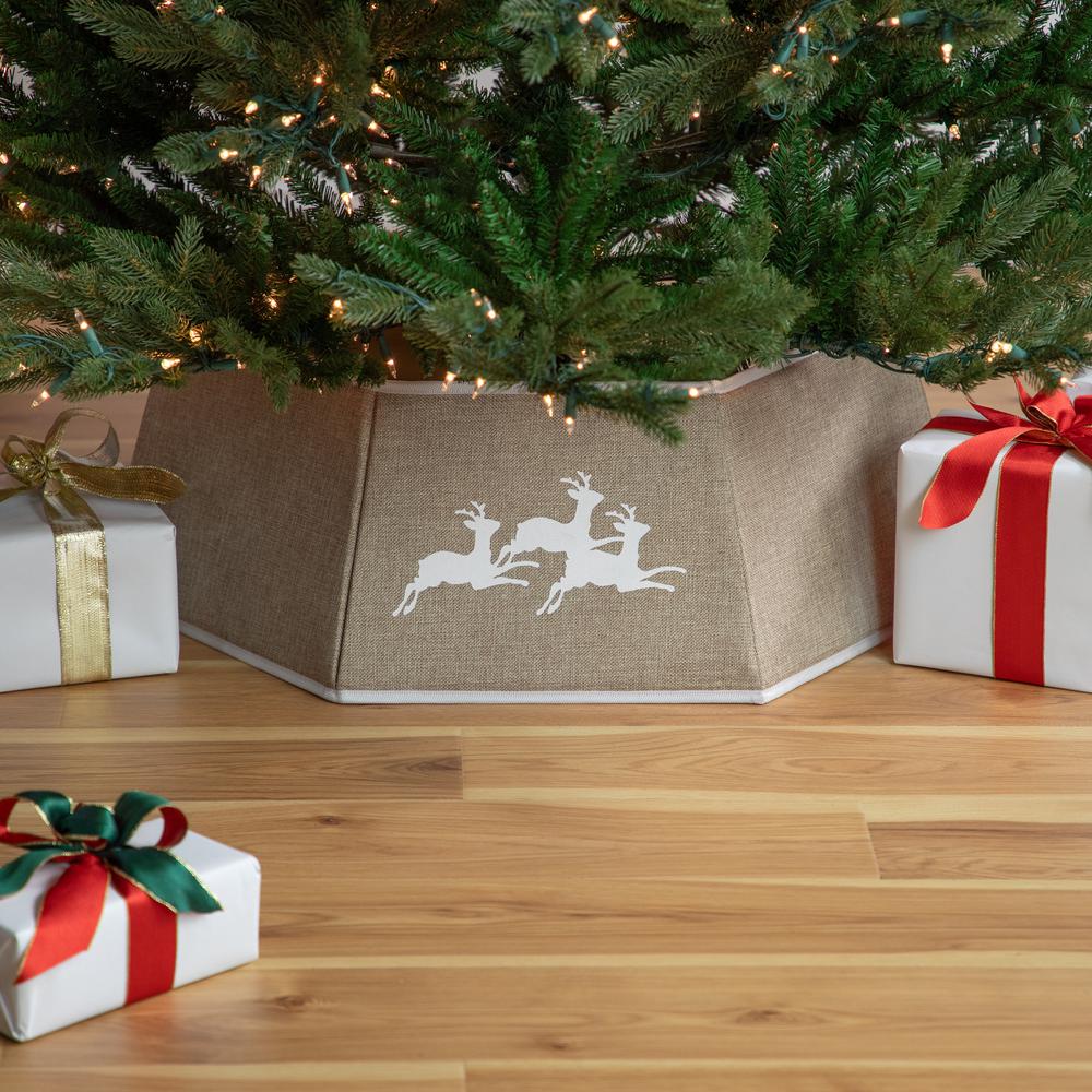 26" Beige Burlap with Reindeer Hexagonal Christmas Tree Collar. Picture 2