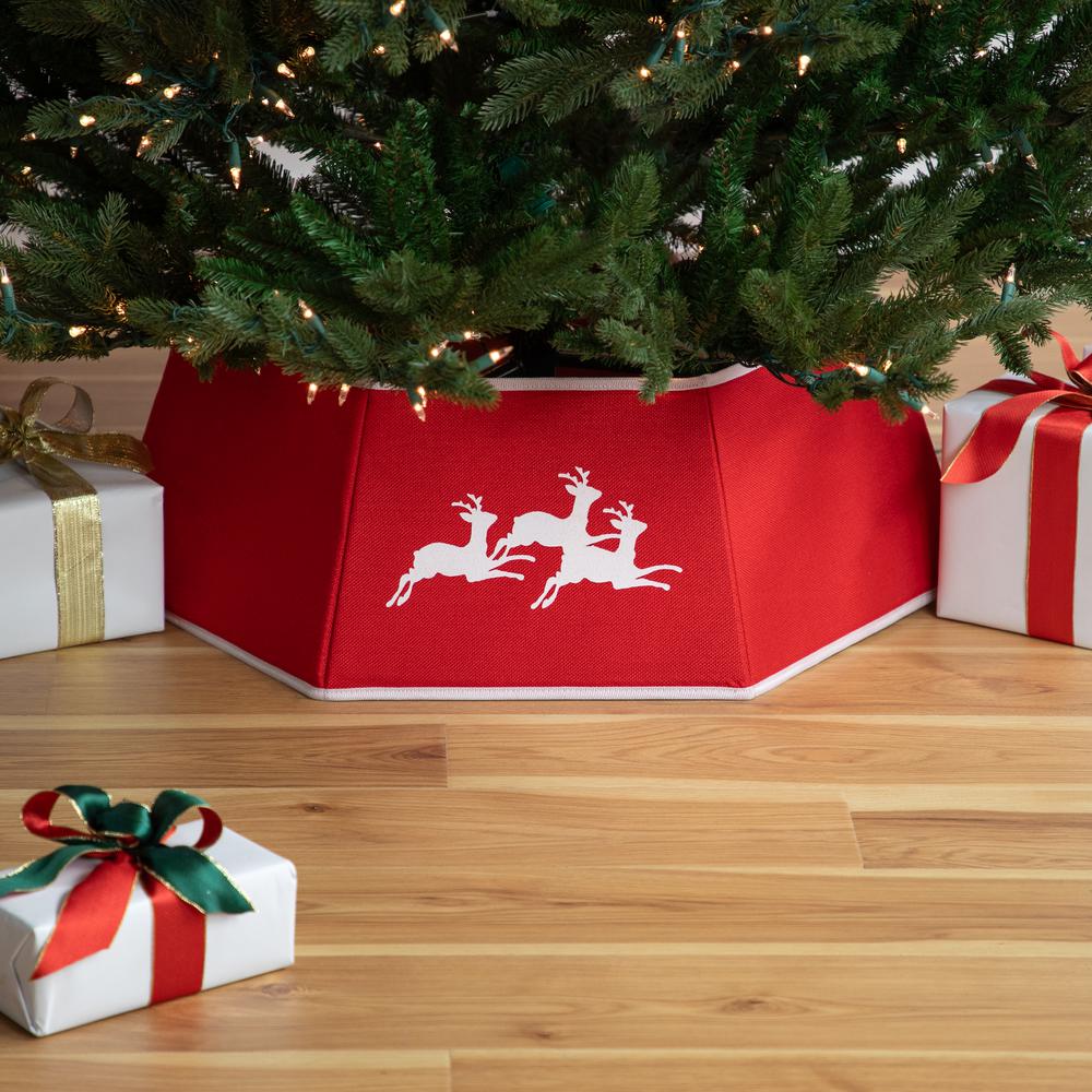 26" Red Burlap with Reindeer Hexagonal Christmas Tree Collar. Picture 2