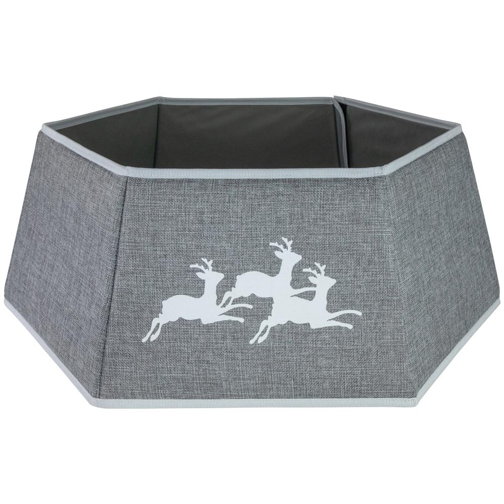 26" Gray Burlap with Reindeer Hexagonal Christmas Tree Collar. Picture 1