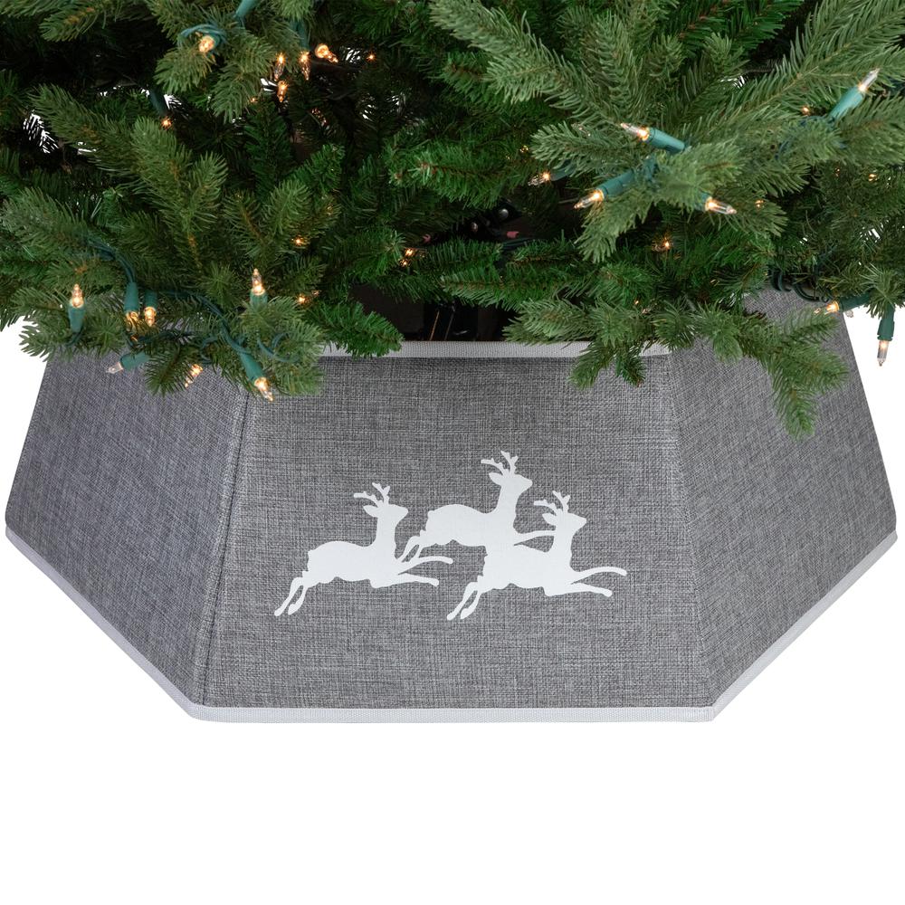 26" Gray Burlap with Reindeer Hexagonal Christmas Tree Collar. Picture 7