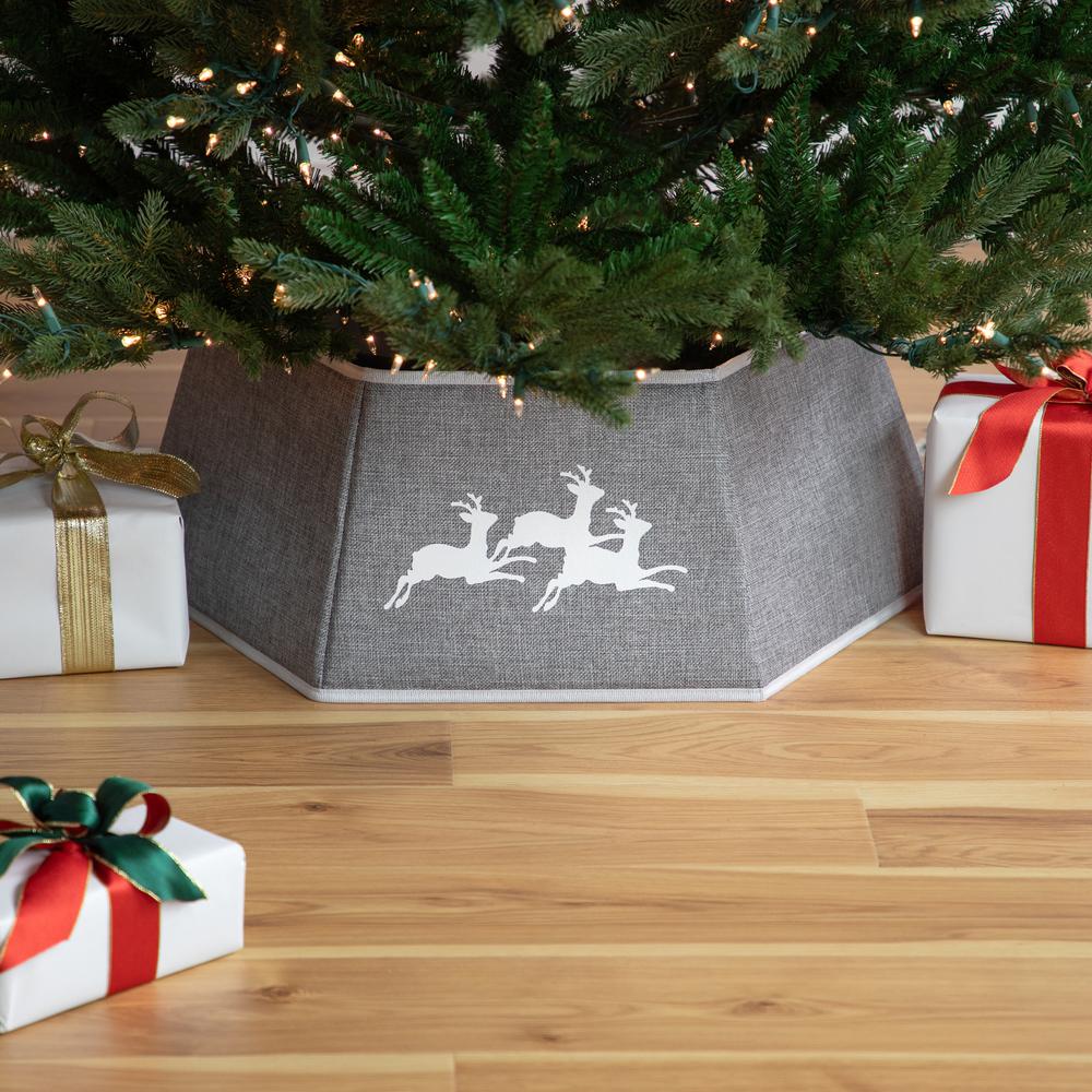 26" Gray Burlap with Reindeer Hexagonal Christmas Tree Collar. Picture 2